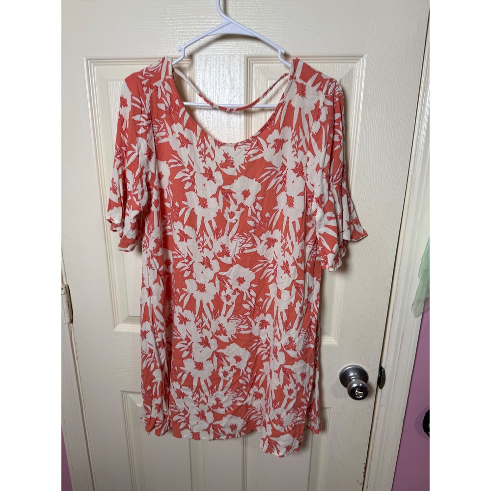 O'Neill Women Coral White Floral Bell Sleeve V-Neck Shift Dress Large